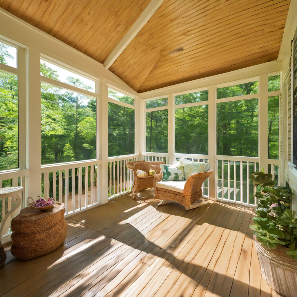 Warm sunlit screened in porch room with wood floors and ceiling