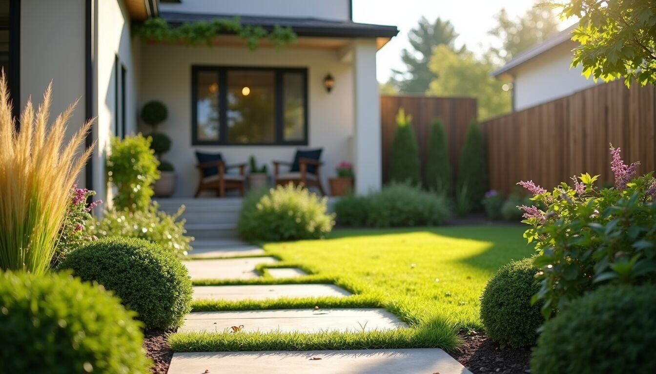 Wide angle view of a newly landscaped front yard with fresh plants