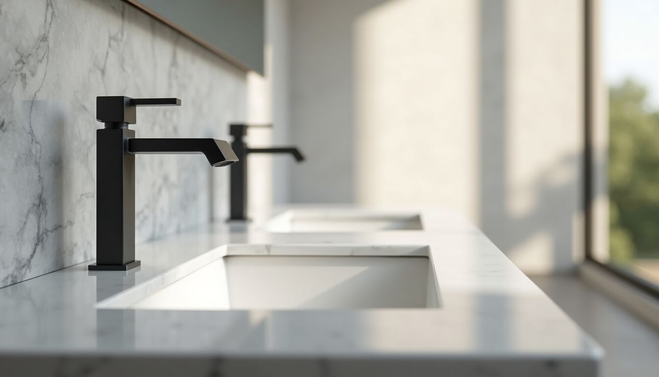 Close-up view of quartz countertop with modern faucet in bathroom