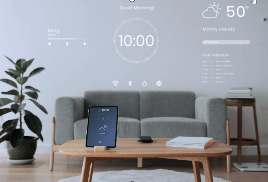 What is a smart home with living room and tech info in forefront
